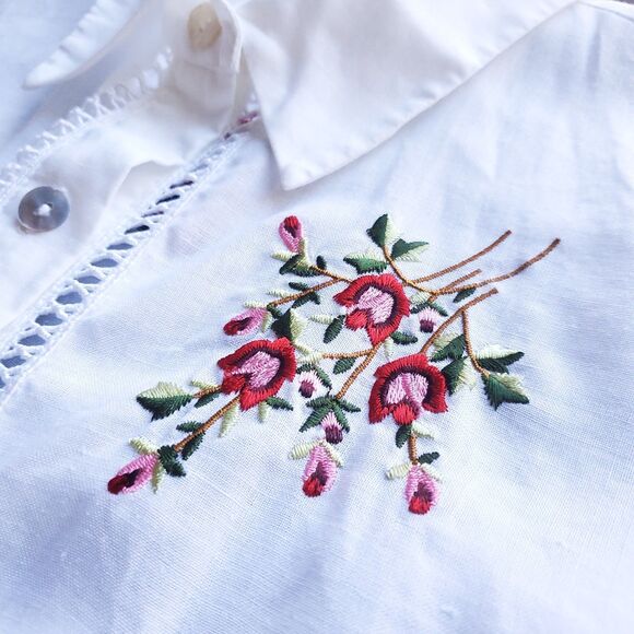 VTG Linen Embroidered Floral Top Sz S White 3/4 Sleeve Cottagecore Lagenlook - Picture 3 of 11